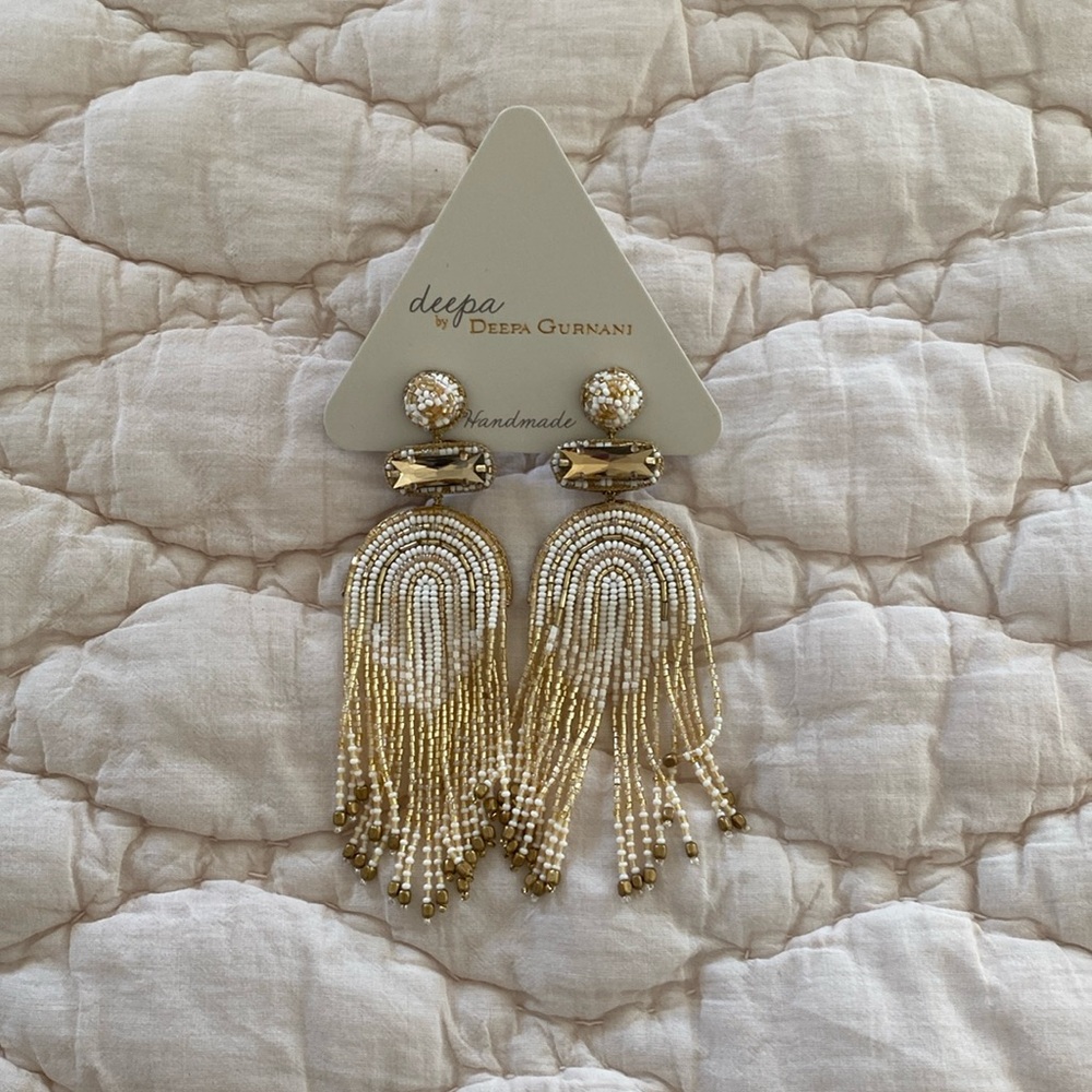 Deepa Gurnani handmade beaded drop earrings with Crystal detail. 3”